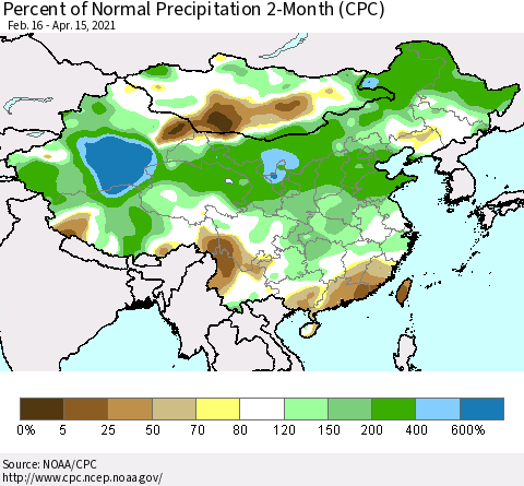 China, Mongolia and Taiwan Percent of Normal Precipitation 2-Month (CPC) Thematic Map For 2/16/2021 - 4/15/2021