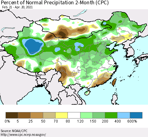 China, Mongolia and Taiwan Percent of Normal Precipitation 2-Month (CPC) Thematic Map For 2/21/2021 - 4/20/2021