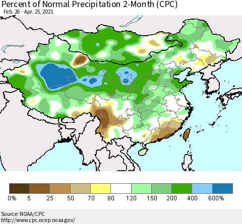 China, Mongolia and Taiwan Percent of Normal Precipitation 2-Month (CPC) Thematic Map For 2/26/2021 - 4/25/2021