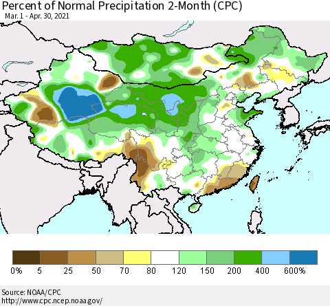 China, Mongolia and Taiwan Percent of Normal Precipitation 2-Month (CPC) Thematic Map For 3/1/2021 - 4/30/2021