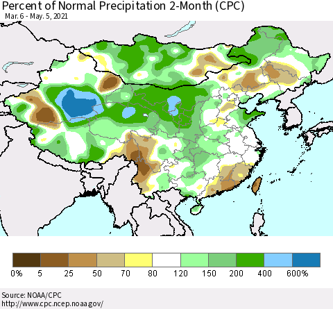 China, Mongolia and Taiwan Percent of Normal Precipitation 2-Month (CPC) Thematic Map For 3/6/2021 - 5/5/2021