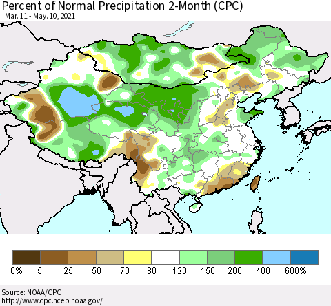 China, Mongolia and Taiwan Percent of Normal Precipitation 2-Month (CPC) Thematic Map For 3/11/2021 - 5/10/2021