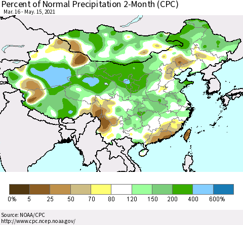 China, Mongolia and Taiwan Percent of Normal Precipitation 2-Month (CPC) Thematic Map For 3/16/2021 - 5/15/2021