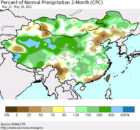 China, Mongolia and Taiwan Percent of Normal Precipitation 2-Month (CPC) Thematic Map For 3/21/2021 - 5/20/2021