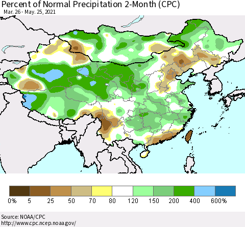 China, Mongolia and Taiwan Percent of Normal Precipitation 2-Month (CPC) Thematic Map For 3/26/2021 - 5/25/2021