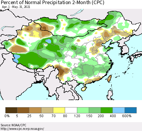 China, Mongolia and Taiwan Percent of Normal Precipitation 2-Month (CPC) Thematic Map For 4/1/2021 - 5/31/2021