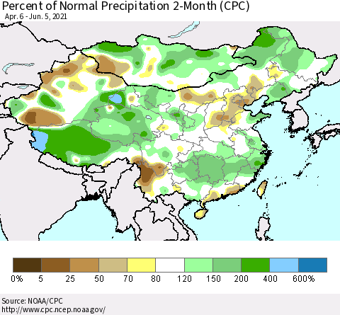 China, Mongolia and Taiwan Percent of Normal Precipitation 2-Month (CPC) Thematic Map For 4/6/2021 - 6/5/2021