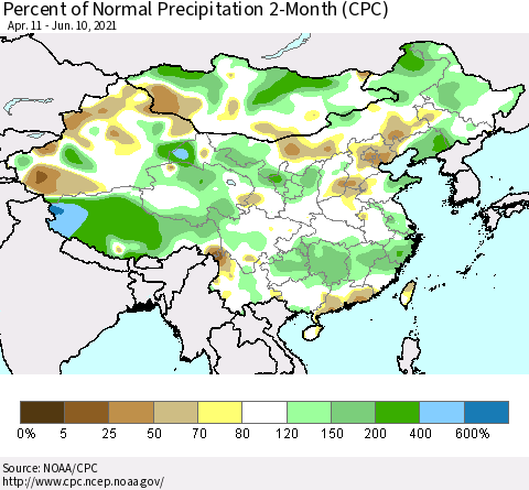 China, Mongolia and Taiwan Percent of Normal Precipitation 2-Month (CPC) Thematic Map For 4/11/2021 - 6/10/2021