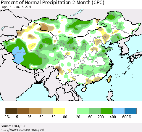 China, Mongolia and Taiwan Percent of Normal Precipitation 2-Month (CPC) Thematic Map For 4/16/2021 - 6/15/2021