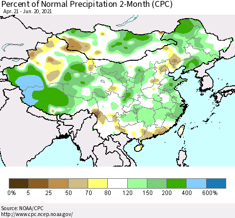 China, Mongolia and Taiwan Percent of Normal Precipitation 2-Month (CPC) Thematic Map For 4/21/2021 - 6/20/2021