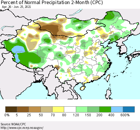 China, Mongolia and Taiwan Percent of Normal Precipitation 2-Month (CPC) Thematic Map For 4/26/2021 - 6/25/2021