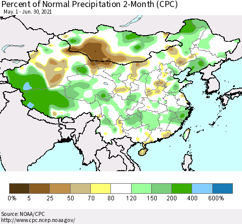 China, Mongolia and Taiwan Percent of Normal Precipitation 2-Month (CPC) Thematic Map For 5/1/2021 - 6/30/2021