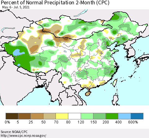 China, Mongolia and Taiwan Percent of Normal Precipitation 2-Month (CPC) Thematic Map For 5/6/2021 - 7/5/2021