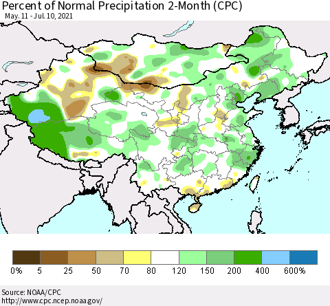 China, Mongolia and Taiwan Percent of Normal Precipitation 2-Month (CPC) Thematic Map For 5/11/2021 - 7/10/2021