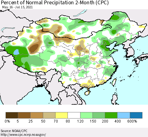 China, Mongolia and Taiwan Percent of Normal Precipitation 2-Month (CPC) Thematic Map For 5/16/2021 - 7/15/2021