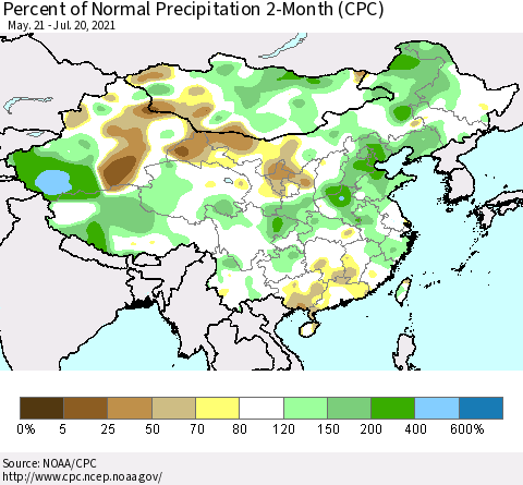 China, Mongolia and Taiwan Percent of Normal Precipitation 2-Month (CPC) Thematic Map For 5/21/2021 - 7/20/2021