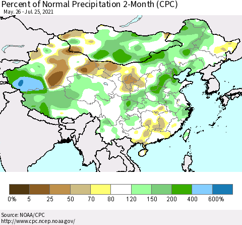 China, Mongolia and Taiwan Percent of Normal Precipitation 2-Month (CPC) Thematic Map For 5/26/2021 - 7/25/2021