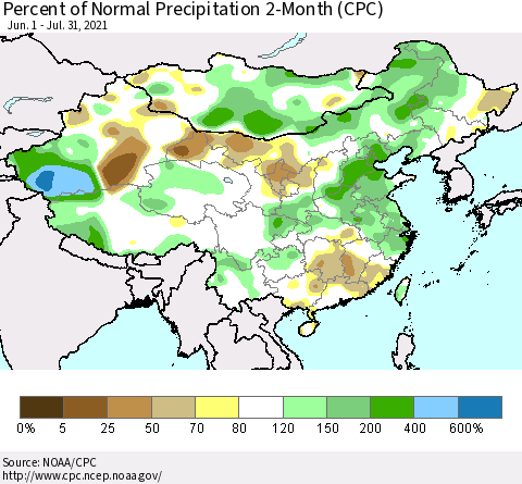 China, Mongolia and Taiwan Percent of Normal Precipitation 2-Month (CPC) Thematic Map For 6/1/2021 - 7/31/2021