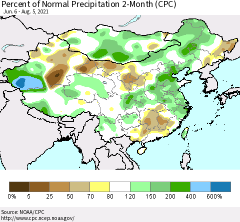 China, Mongolia and Taiwan Percent of Normal Precipitation 2-Month (CPC) Thematic Map For 6/6/2021 - 8/5/2021