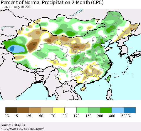 China, Mongolia and Taiwan Percent of Normal Precipitation 2-Month (CPC) Thematic Map For 6/11/2021 - 8/10/2021