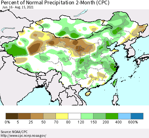 China, Mongolia and Taiwan Percent of Normal Precipitation 2-Month (CPC) Thematic Map For 6/16/2021 - 8/15/2021