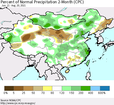 China, Mongolia and Taiwan Percent of Normal Precipitation 2-Month (CPC) Thematic Map For 6/21/2021 - 8/20/2021