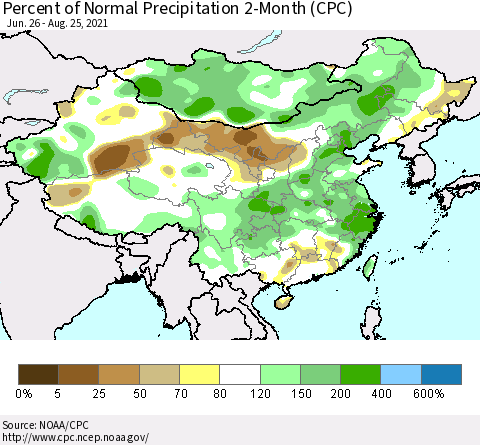 China, Mongolia and Taiwan Percent of Normal Precipitation 2-Month (CPC) Thematic Map For 6/26/2021 - 8/25/2021