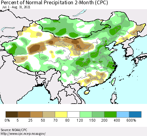 China, Mongolia and Taiwan Percent of Normal Precipitation 2-Month (CPC) Thematic Map For 7/1/2021 - 8/31/2021