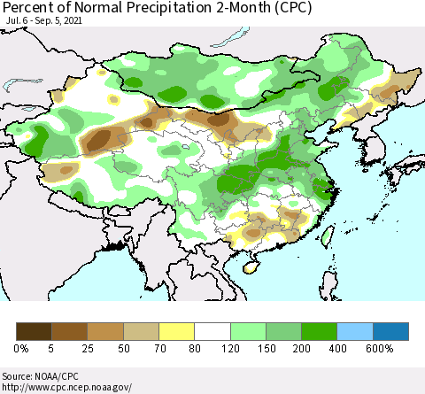 China, Mongolia and Taiwan Percent of Normal Precipitation 2-Month (CPC) Thematic Map For 7/6/2021 - 9/5/2021