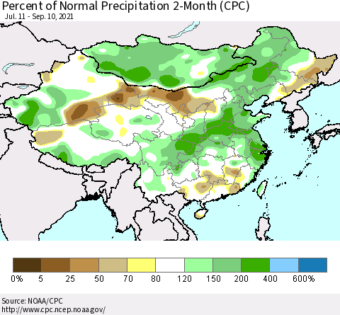 China, Mongolia and Taiwan Percent of Normal Precipitation 2-Month (CPC) Thematic Map For 7/11/2021 - 9/10/2021