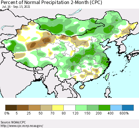 China, Mongolia and Taiwan Percent of Normal Precipitation 2-Month (CPC) Thematic Map For 7/16/2021 - 9/15/2021