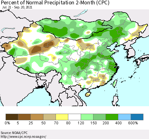 China, Mongolia and Taiwan Percent of Normal Precipitation 2-Month (CPC) Thematic Map For 7/21/2021 - 9/20/2021