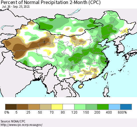 China, Mongolia and Taiwan Percent of Normal Precipitation 2-Month (CPC) Thematic Map For 7/26/2021 - 9/25/2021