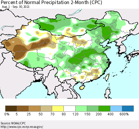 China, Mongolia and Taiwan Percent of Normal Precipitation 2-Month (CPC) Thematic Map For 8/1/2021 - 9/30/2021