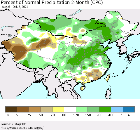 China, Mongolia and Taiwan Percent of Normal Precipitation 2-Month (CPC) Thematic Map For 8/6/2021 - 10/5/2021