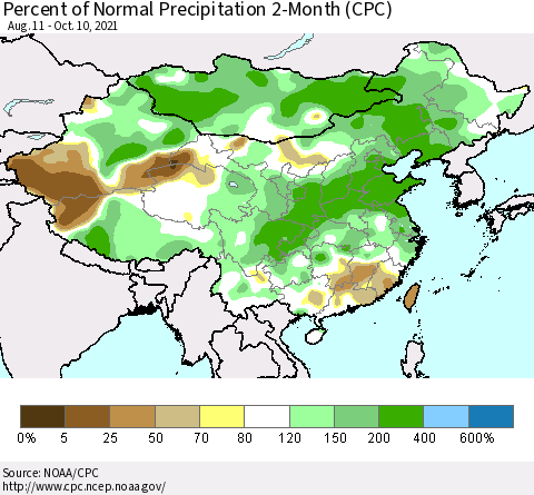 China, Mongolia and Taiwan Percent of Normal Precipitation 2-Month (CPC) Thematic Map For 8/11/2021 - 10/10/2021