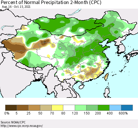 China, Mongolia and Taiwan Percent of Normal Precipitation 2-Month (CPC) Thematic Map For 8/16/2021 - 10/15/2021
