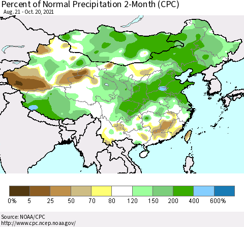 China, Mongolia and Taiwan Percent of Normal Precipitation 2-Month (CPC) Thematic Map For 8/21/2021 - 10/20/2021
