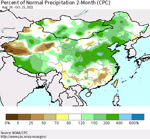 China, Mongolia and Taiwan Percent of Normal Precipitation 2-Month (CPC) Thematic Map For 8/26/2021 - 10/25/2021
