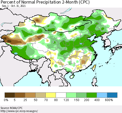 China, Mongolia and Taiwan Percent of Normal Precipitation 2-Month (CPC) Thematic Map For 9/1/2021 - 10/31/2021