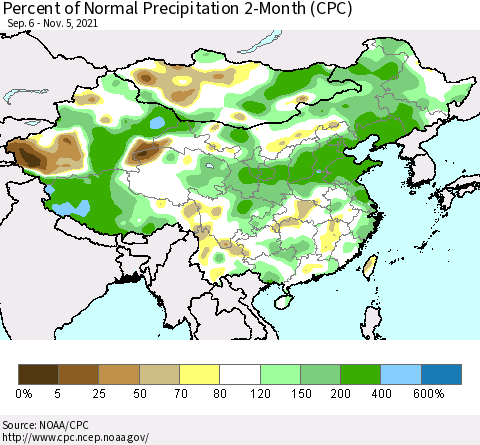 China, Mongolia and Taiwan Percent of Normal Precipitation 2-Month (CPC) Thematic Map For 9/6/2021 - 11/5/2021