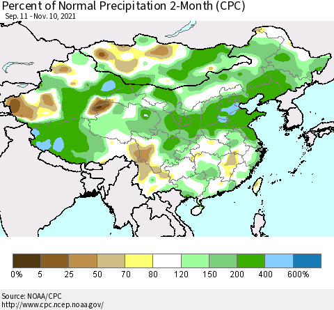 China, Mongolia and Taiwan Percent of Normal Precipitation 2-Month (CPC) Thematic Map For 9/11/2021 - 11/10/2021