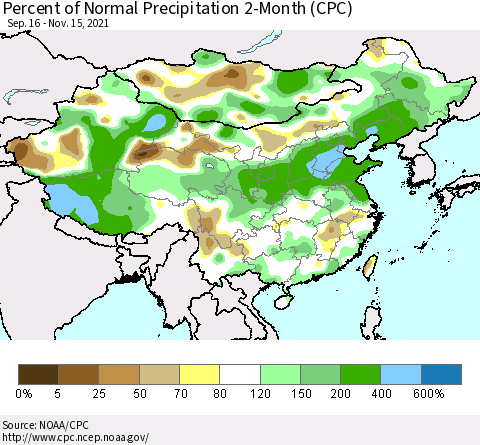 China, Mongolia and Taiwan Percent of Normal Precipitation 2-Month (CPC) Thematic Map For 9/16/2021 - 11/15/2021