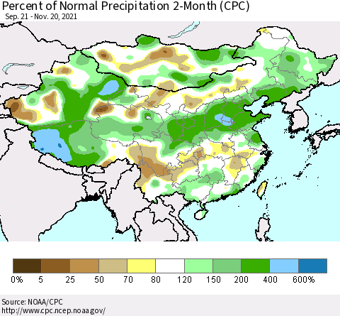 China, Mongolia and Taiwan Percent of Normal Precipitation 2-Month (CPC) Thematic Map For 9/21/2021 - 11/20/2021