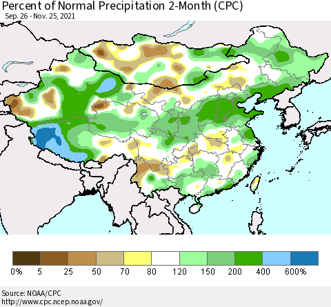 China, Mongolia and Taiwan Percent of Normal Precipitation 2-Month (CPC) Thematic Map For 9/26/2021 - 11/25/2021