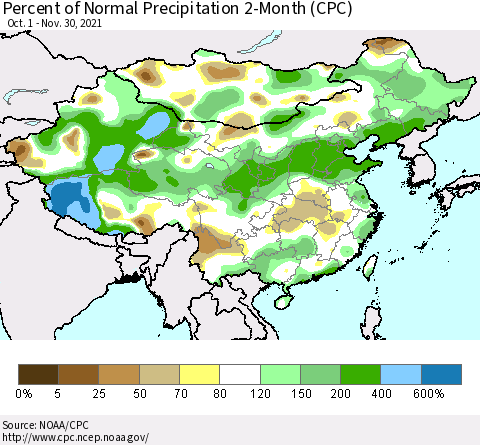 China, Mongolia and Taiwan Percent of Normal Precipitation 2-Month (CPC) Thematic Map For 10/1/2021 - 11/30/2021