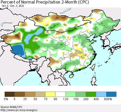 China, Mongolia and Taiwan Percent of Normal Precipitation 2-Month (CPC) Thematic Map For 10/6/2021 - 12/5/2021