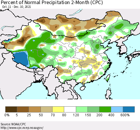 China, Mongolia and Taiwan Percent of Normal Precipitation 2-Month (CPC) Thematic Map For 10/11/2021 - 12/10/2021