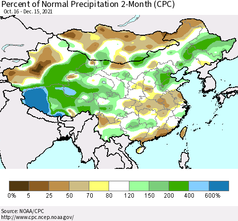 China, Mongolia and Taiwan Percent of Normal Precipitation 2-Month (CPC) Thematic Map For 10/16/2021 - 12/15/2021