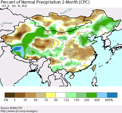 China, Mongolia and Taiwan Percent of Normal Precipitation 2-Month (CPC) Thematic Map For 10/21/2021 - 12/20/2021